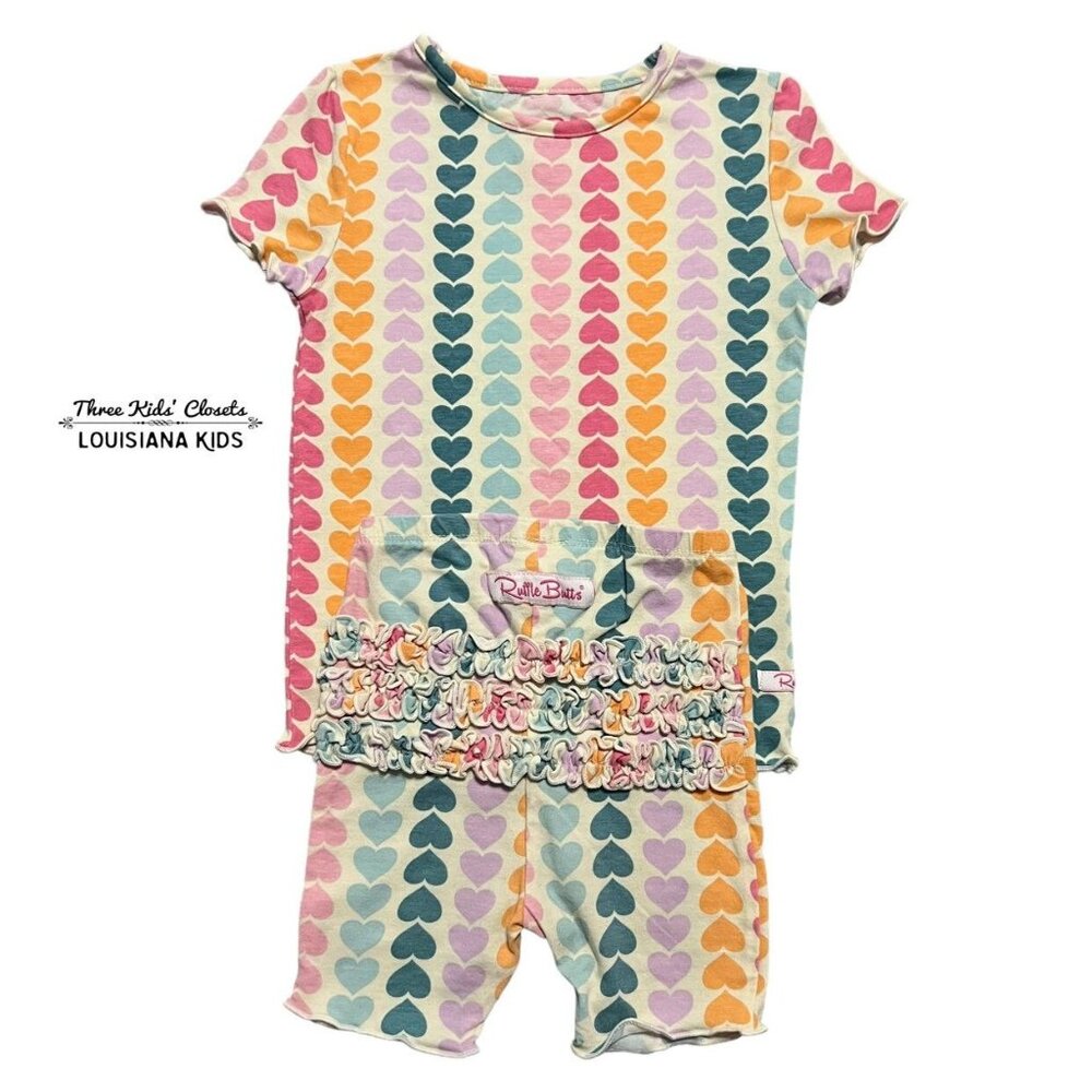 RuffleButts 4T Rainbow Hearts Ruffle Pajamas Set